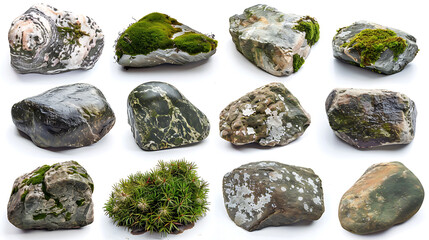 Collections of moss cover the rocks on a white background - obrazy, fototapety, plakaty