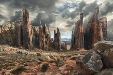Fotobehang A panoramic view of a vast alien landscape dominated by towering, red stone pillars reaching towards a stormy sky. © Eve Creative