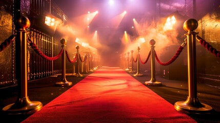 Elegant red carpet event at night, outdoor glamor with velvet ropes. Luxury gala entrance, glamorous celebration atmosphere. Premiere or award ceremony scene. AI
