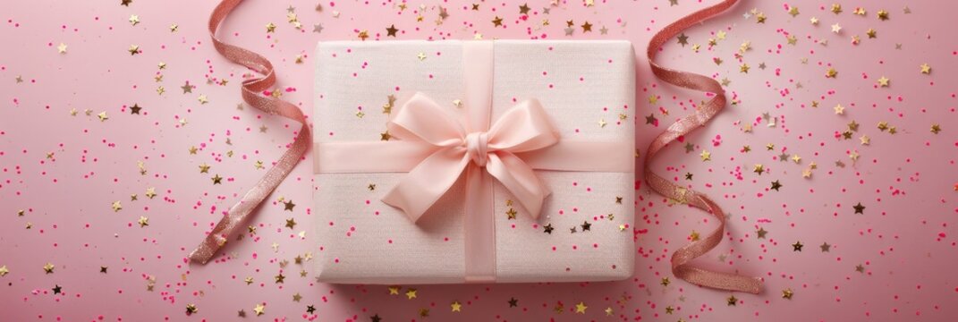Fashion gift box with pink ribbon bow, golden streamer and confetti star on pink background , Banner Image For Website, Background, Desktop Wallpaper
