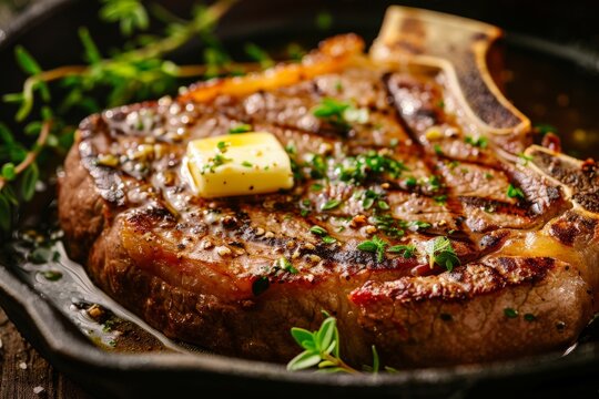 A perfectly cooked ribeye steak with a golden brown sear, resting on a cast iron skillet with melted butter and fresh herbs.