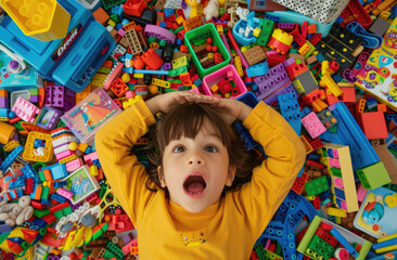 A little boy wearing colorful is lying on the floor, surrounded by Lego blocks and smiling happily at the camera