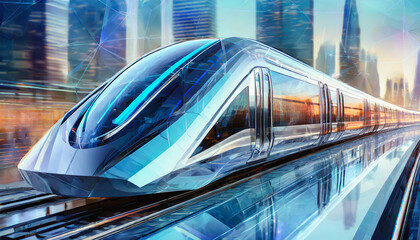 High-speed train made of transparent metal glass on the road.