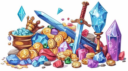 Golden coins, crystal stones, a crown, a sword in a pile of gold, a goblet with precious stones, ancient fantasy game assets, pirate loot isolated on white, cartoon modern illustration.