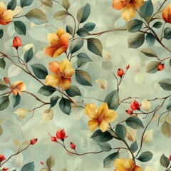 Seamless beautiful flowers tree pattern background