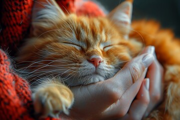 A cute orange tabby cat curls up for a nap on a hand