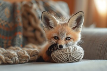 A mischievous kit fox with black ear markings playfully wrestling with a ball of yarn in a cozy living room.