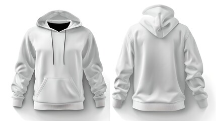 Blank White Hoodies Mockup, Front and Back View. Unisex Pullover Hoodie for Branding. Simple Casual Sportswear Design. AI