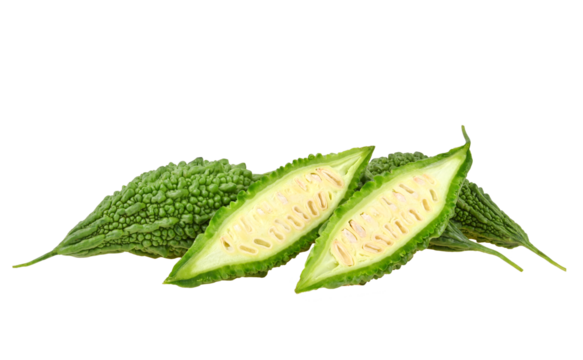 Slice of bitter melon or half of Bitter gourd (Momordica charantia L.) on transparent png