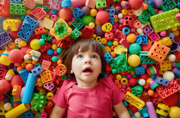 Fototapeta na wymiar A little boy wearing colorful is lying on the floor, surrounded by Lego blocks and smiling happily at the camera