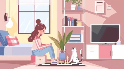 Playing chess with a funny cat in the girl's bedroom, preparing for intelligence tournament thinking at the chessboard, cartoon modern illustration.