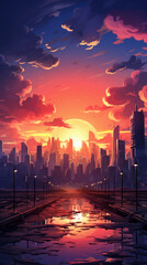 Retro neon skyline with a radiant sunset closeup skyscrapers outlined against a vivid sky tranquil yet lively urban scene   high-resolution