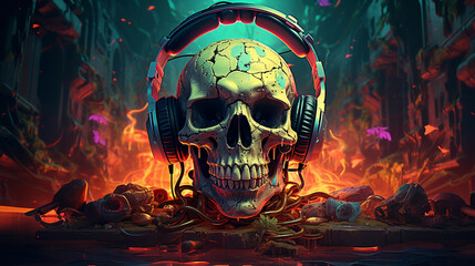 Skull adorned with retro earphones cassette tape nearby bathed in neon lights wideangle edgy 80s punk nostalgia  graphic design