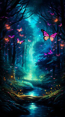 Fototapeta premium Surreal fantasy forest twinkling insects trees with supernatural glow birda seye view lush vivid colors enchanting night scene graphic design