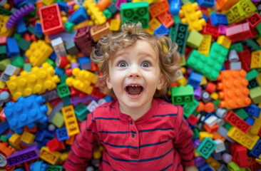 A little boy wearing colorful is lying on the floor, surrounded by Lego blocks and smiling happily at the camera