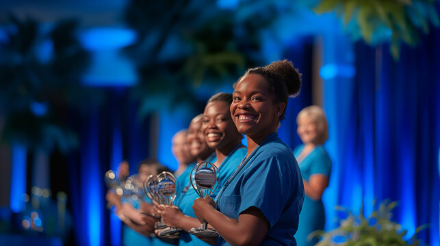 A celebratory image showcasing nurses of diverse backgrounds receiving awards and accolades for their outstanding contributions to healthcare on National Nurses Day. - Powered by Adobe