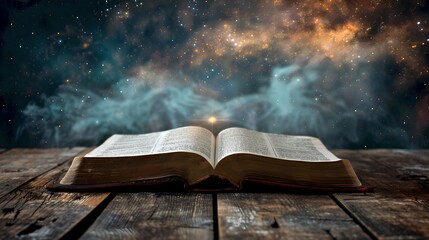 Mystical Open Book on Wooden Table Against Cosmic Background. Conceptual Image of Learning, Fantasy and Adventure. Capturing the Magic of Literature. AI