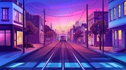 Türaufkleber At sunset, a city street with houses, a tram and an empty road with pedestrian crossings. Modern parallax background for 2D animation. Illustration of tramway and buildings in evening time. © Mark