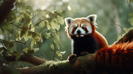 A red panda perched on a tree branch, surveying its bamboo-filled habitat.