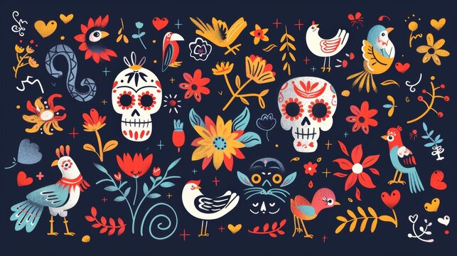 Flag banners with skulls with hearts, cats, or birds skeletons for Dia de los Muertos with cartoon traditional Mexican pattern.