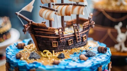 Nautical-Themed Birthday Cake With Ship Design - obrazy, fototapety, plakaty