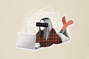 Composite photo collage of girl without face anonym hater cyberbully offender online macbook...