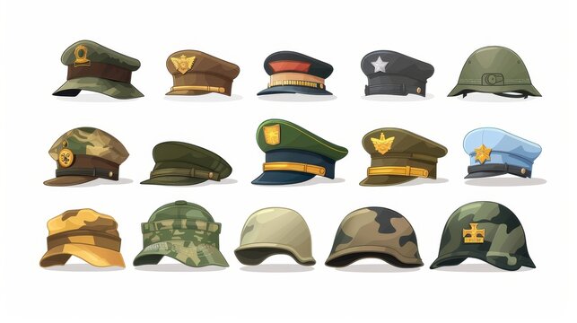 An isolated white background with a modern cartoon set of military hats, helmets, and berets with golden insignia for soldiers and officers.