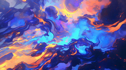 An abstract interpretation of clouds deepening in unseen realms, vibrant colors merging in a dance of light and shadow.