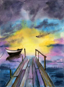Watercolor illustration of a wooden pier extending into the sea against a yellow-purple sunset sky and a fishing boat (This illustration was drawn by hand without the use of generative AI!)
