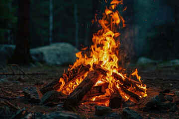 a bonfire made from wood and flames in a forest, a camp fire for camping or outdoor activity