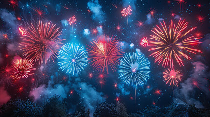 Fototapeta na wymiar 4th of july fireworks background, blue, red, independence day celebration