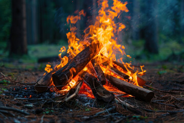 a bonfire made from wood and flames in a forest, a camp fire for camping or outdoor activity