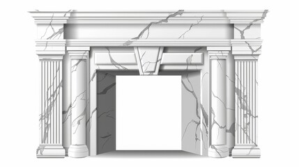 Decorative white marble fireplace with pilasters and an empty mantelpiece for home interior. Modern realistic illustration of hearth in stone frame with pilasters. - obrazy, fototapety, plakaty