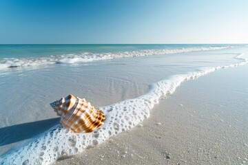 A single, perfect seashell resting on a pristine white sand beach with gentle waves lapping at the shore under a clear blue sky. - Powered by Adobe