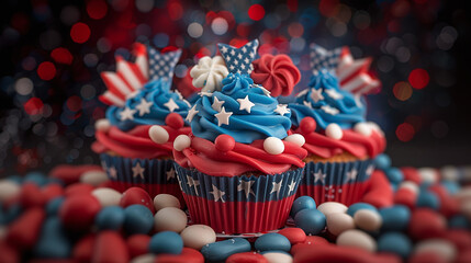 delicious homemade USA yankee 4th of july themed cupcakes, independence day celebration