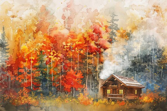 Watercolor Illustration A cozy cabin nestled amidst a colorful autumn forest with smoke rising from the chimney.