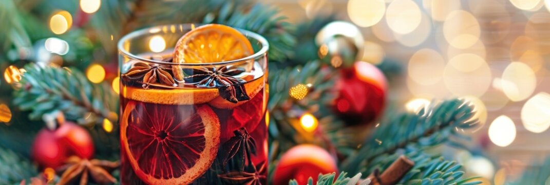 Hot mulled wine with spices for Christmas , highlighting its striking features, Graphic Design, digital composition with clean lines and bold typography, Banner Image For Website, Background, Desktop 