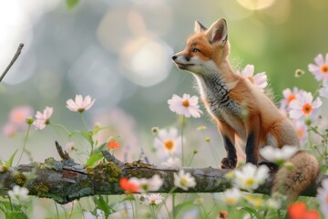 A red fox cub perched on a tree branch, looking down at a field of wildflowers with a playful grin.