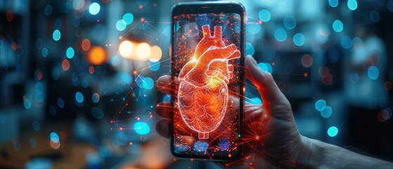Blue mobile phone, white screen, and red human heart. Healthcare medical concept. Geometric background. Light connection structure wireframe Modern 3D graphic. Modern format.