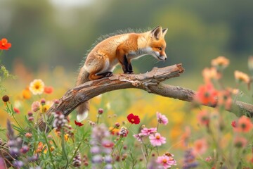 A red fox cub perched on a tree branch, looking down at a field of wildflowers with a playful grin.