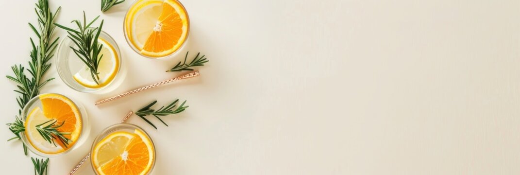 Orange Cranberry Rosemary and Vodka cocktail, copper bar tools, beige background, hard light, top view , highlighting its striking features, Graphic Design, digital composition, Banner Image