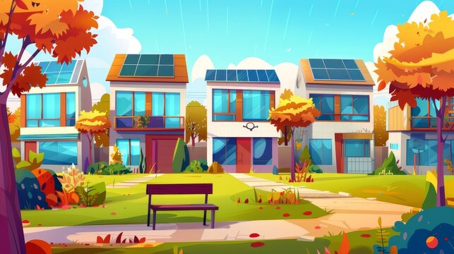 A green city with eco houses and gardens, modern architecture with solar panels, and plants growing on roofs and balconies. A park has benches, paves, and trees in the front yard. Illustration of a