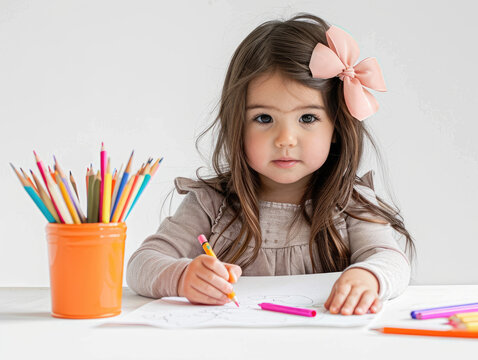 A little girl is drawing with crayons on paper. Colorful pencils and a pot of color pencils are in the white room at a home or school desk