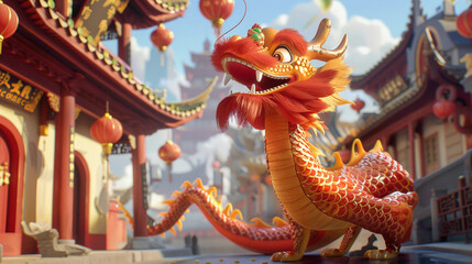 Fototapeta na wymiar Chinese New Year dragon close up view. Orange color dragon for New Year’s. Chains monster.