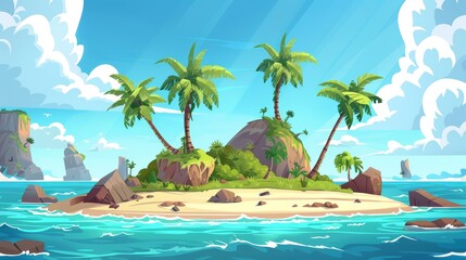 Cartoon background of an uninhabited island with beach, palm trees, and rocks surrounded by sea water. Layered tropical landscape for 2D games. - obrazy, fototapety, plakaty