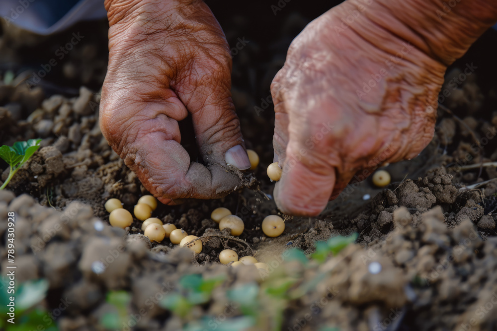 Wall mural closeup of 2 hands planting a seed