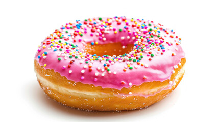donut with pink icing and colorful sprinkles isolated on a white background