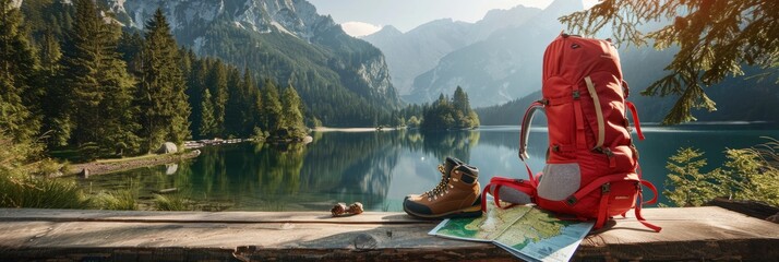 Red backpack, hiking boots and map on a wooden table against a mountain landscape, Banner Image For Website, Background, Desktop Wallpaper