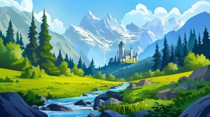 In summer landscape with rocks, water stream, green grass and royal castle with towers, a fairy tale castle stands in a mountain valley with coniferous trees and a river. Modern cartoon illustration. - obrazy, fototapety, plakaty