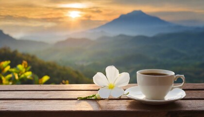 a white flower and a cup of coffee on a wooden table in the mountains on sunrise - Powered by Adobe